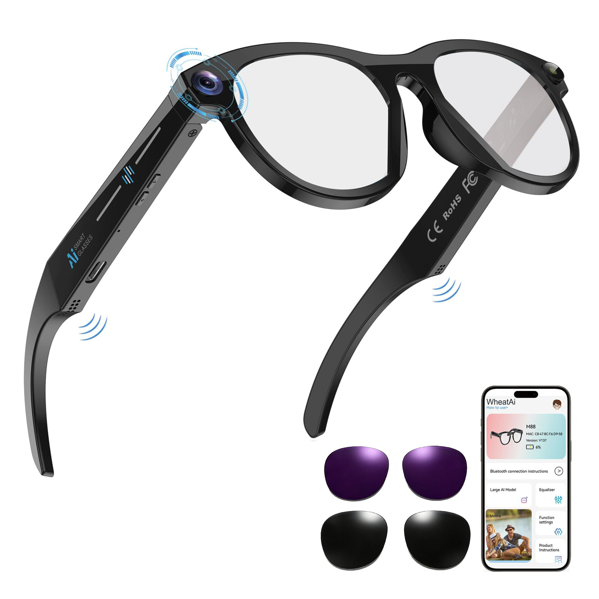 Black Smart Ai Glasses for Men - Audio Music Arabic 评论和价格